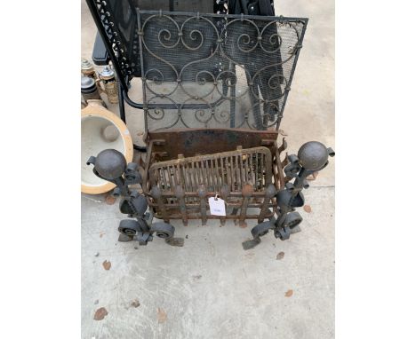 A LARGE VINTAGE CAST IRON FIRE GRATE WITH A PAIR OF DECORATIVE FIRE DOGS AND A FIRE SCREEN