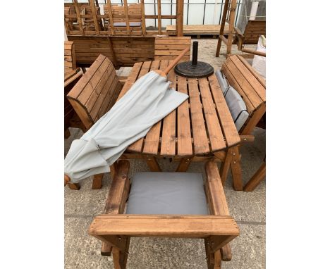 AN AS NEW EX DISPLAY CHARLES TAYLOR GARDEN FURNITURE SET. ONE OVAL TABLE WITH UMBRELLA AND UMBRELLA STAND. TWO DOUBLE SEATER 