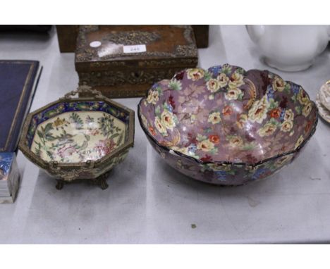 TWO VINTAGE BOWLS TO INCLUDE A JORDAN OCTAGONAL BOWL WITH FLORAL DECORATION AND METAL STAND AND A CROWN DUCAL WITH FLORAL AND