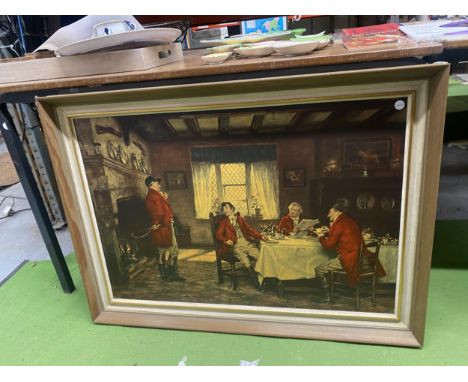 A LARGE FRAMED PRINT OF HUNTSMEN IN AN INN, 91CM X 88CM