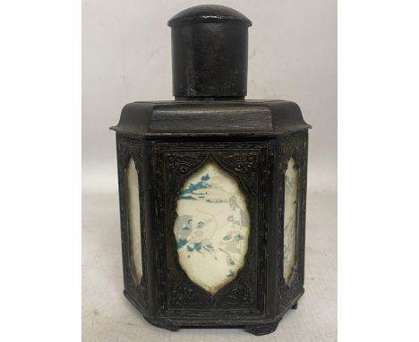 AN ANTIQUE CHINESE PEWTER HEXAGONAL TEA CADDY WITH HAND PAINTED GLASS PANELS