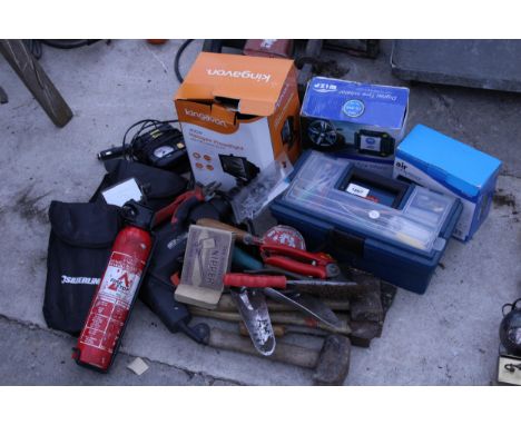 AN ASSORTMENT OF TOOLS TO INCLUDE TYRE INFLATORS, AXES AND AN ELECTRIC DRILL ETC