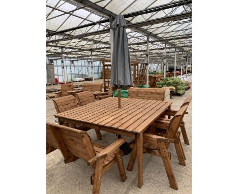 AN EX DISPLAY CHARLES TAYLOR GARDEN FURNITURE SET. ONE VERY LARGE SQUARE TABLE WITH THREE DOUBLE SEATER BENCHES AND TWO SINGL