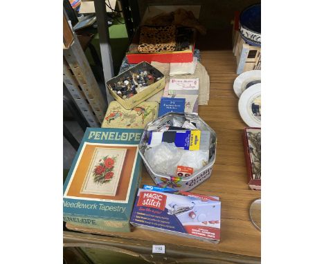 A QUANTITY OF SEWING ITEMS, ETC TO INCLUDE TINS OF BUTTONS, A BOXED MAGIC STITCH, NEEDLEWORK TAPESTRY, ETC