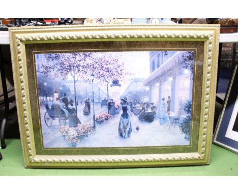 A LARGE GILT FRAMED PRINT OF A VICTORIAN STREET SCENE, 106CM X 76CM