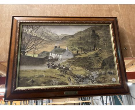 A FRAMED FARM THEMED PRINT TITLED 'TO NEW PASTURES', 64CM X 46CM