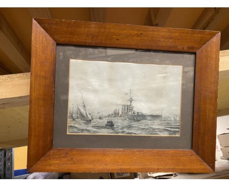 A VINTAGE PRINT OF A ROYAL NAVY BATTLE SHIP