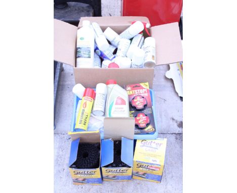 A LARGE ASSORTMENT OF ITEMS TO INCLUDE GUTTER GUARDS, DE-ICER, GAS LIGHTER FLUID AND PATIO CLEANER ETC