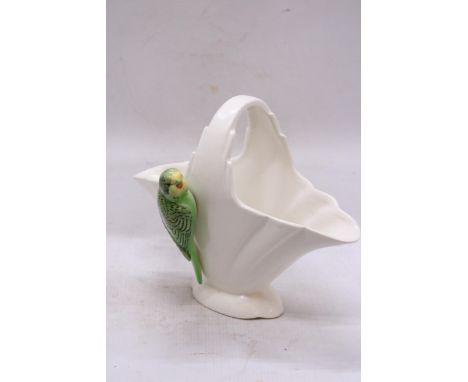 A VINTAGE 1950'S FALCON WARE VASE WITH GREEN BUDGERIGAR