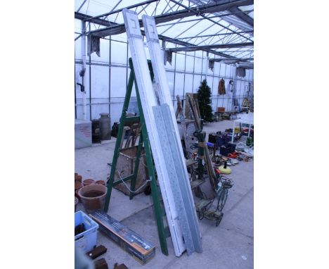 A LINTLE, A WOODEN STEP LADDER AND NEW AND BOXED BLINDS