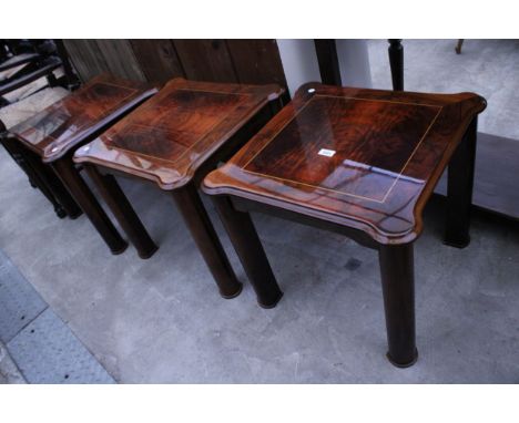THREE SHINY WALNUT AND INLAID LAMP TABLES