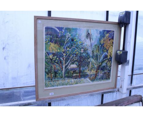 A FRAMED LIMITED EDITION 242/500 CAROLINE LORENZ PRINT OF A HOUSE IN THE SEYCHELLES