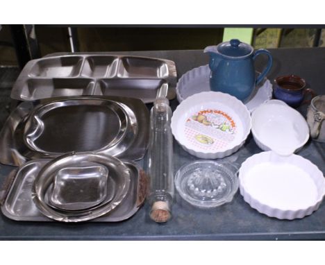 A QUANTITY OF FLAN DISHES, STAINLESS STEEL SERVING DISHES, A GLASS ROLLING PIN, DENBY COFFEE POT, ETC