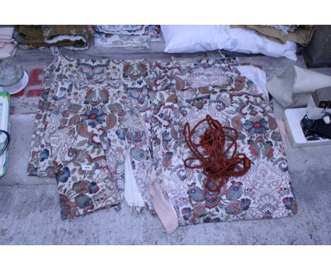 A COLLECTION OF FLORAL CURTAINS AND TIE BACKS ETC