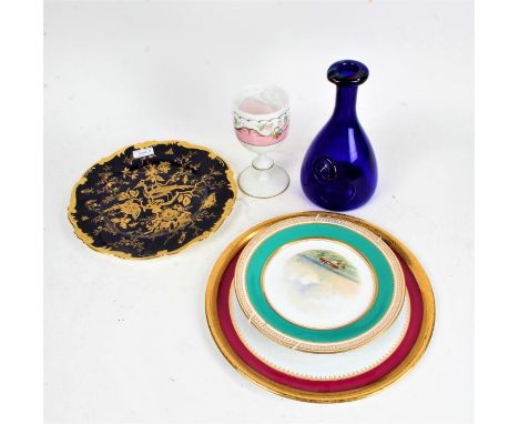 Limoges porcelain cake plate, centred with flowers within a gilt border, together with a Coalport plate, painted in gilt with