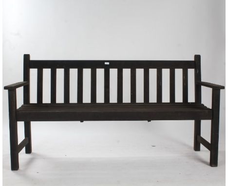 Black painted garden bench and two chairs, with slatted back and seats, 156cm wide 85cm high 45cm deep (3)