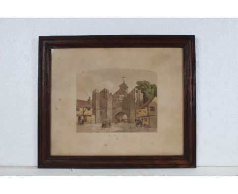 Five framed prints depicting Ipswich scenes, Bourne Bridge 1780, the Town Hall 1810, the Market Cross and Tavern Street 1785,