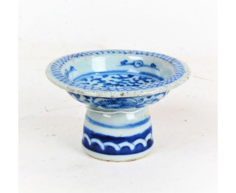19th Century Chinese porcelain stem cup, with blue foliate and scroll decoration, 9.5cm diameter, 6cm high