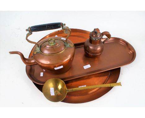 Mixed copper and brass, to include a circular tray inset with a coin, a 19th century ladle, Victorian copper kettle, an oblon