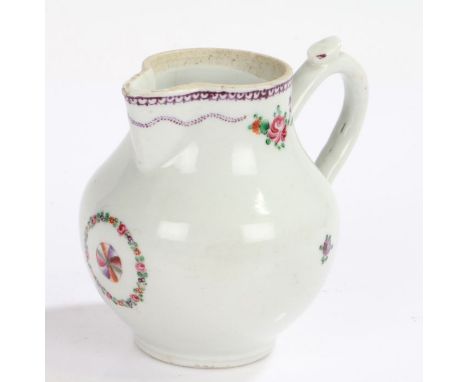 19th Century Chinese export porcelain jug, painted with pink and purple flowers, with scroll handle, 9cm high