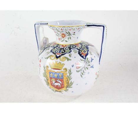 Rouen porcelain vase, the neck with twin angular handles, the bulbous body decorated with the crest of Rouen, marked "ROUEN F