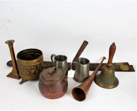 Mixed metalware, to include a Victorian copper and iron handled pot, a brass embossed jardeniere, a hand bell, a copper chamb