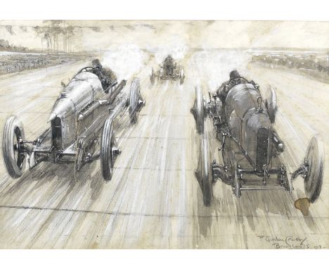 Fredrick Gordon Crosby (British, 1885-1943), 'Racing at Brooklands 1913',an illustration for The Autocar, signed and dated 19