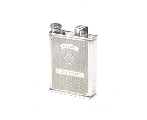 A fine silver 'Lubricant' Shell oil can hip flask by William Base &amp; Sons, hallmarked Birmingham 1929,the flask with engin