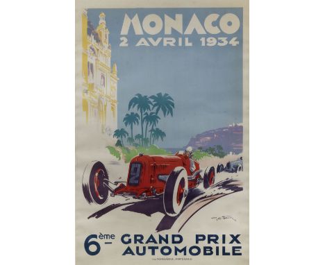 A 1934 Monaco Grand Prix race poster, after Geo Ham (Georges Hamel),original colour lithographic poster in French, printed by