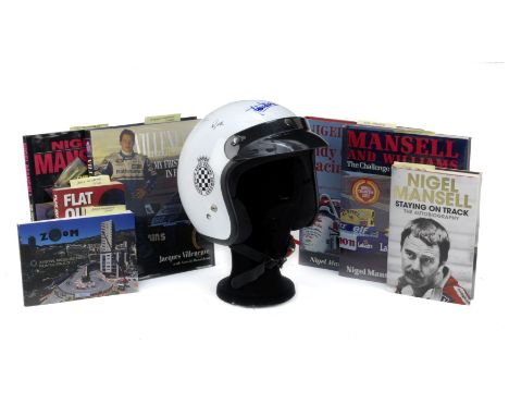 An open face helmet signed by five F1 greats,white with black peak, with Goodwood Road Racing Company stickers, comprising th