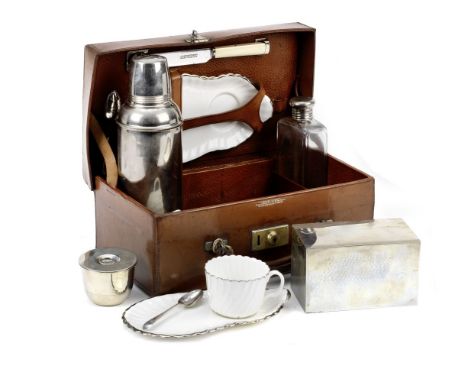 A two-person picnic set, by Barrett &amp; Sons, British, 1920s,in light tan case, with nickel plated Thermos, solid nickel co