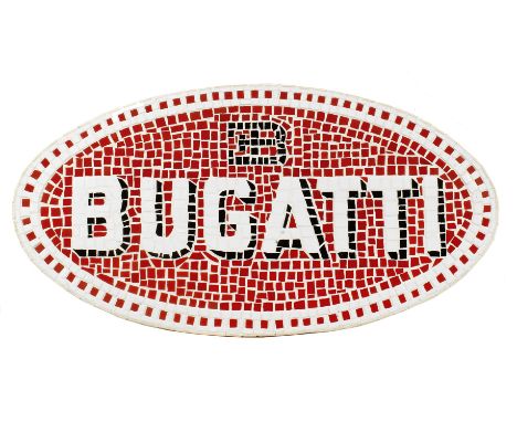 A Bugatti tiled mosaic display sign,depicting the Bugatti badge using red, white and black tiles on a hardboard backing, meas