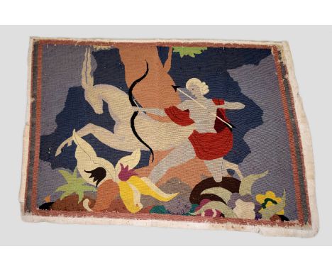 Needlework embroidered picture, France, circa 1960s, 33in. X 43in. 0.84m. X 1.14m. Figure with a bow and arrow and a unicorn 