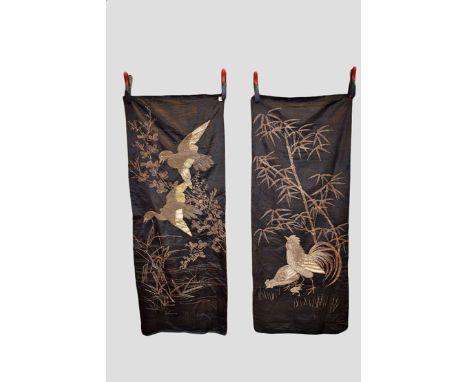 Three brown silk Japanese couched metal thread embroidered rectangular panels with raised metal work details, first half 20th