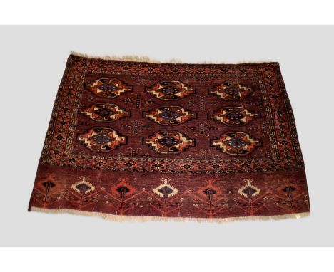 Yomut Turkmen 3 x 3 gul chuval face, Turkmenistan, late 19th century, 2ft. 4in. X 3ft. 8in. 0.71m. X 1.12m. The whole of the 