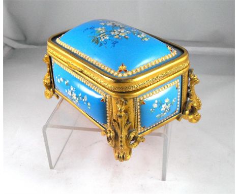 A Continental porcelain trinket box, decorated flowers on a turquoise ground and ormolu mounts 12.5cm x 9cm Condition ReportT