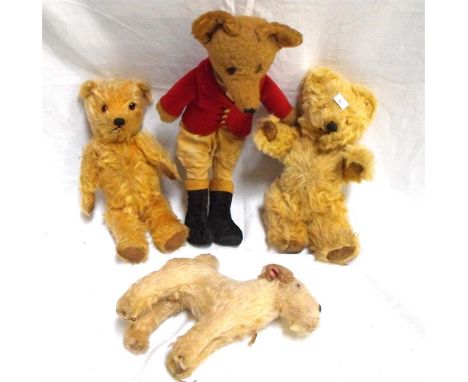 A Chad Valley plush toy dog, 2 plush teddy bears and a fox wearing hunting reds (4) 