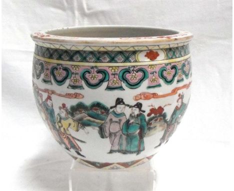 A late 19thC Chinese jardiniere decorated figures in enamel colours with goldfish and reeds to the interior 15cm high Conditi