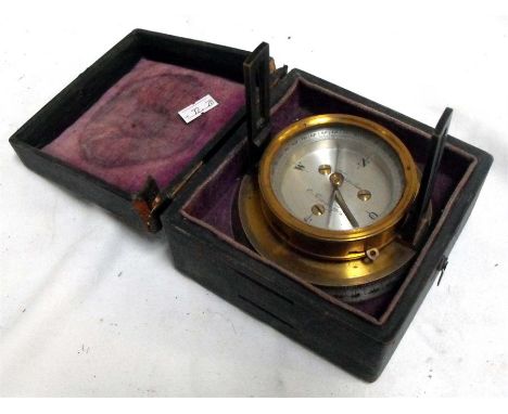 A 19C brass circumferentor, surveyor's compass with silvered chapter ring 10cm diameter in its original case