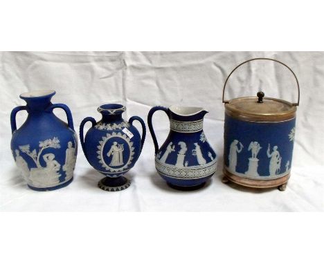 A Wedgwood Jasper Ware biscuit barrel, with silver plated mounts, decorated classical figures 17cm high and two similar vases