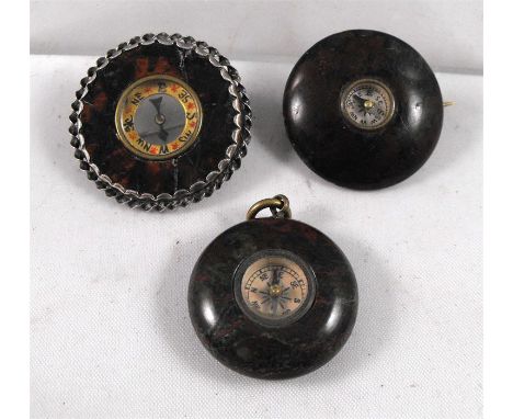 A Victorian silver mounted Cornish Serpentine compass brooch, and 2 other Cornish Serpentine brooches (3)