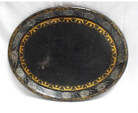 A Victorian papier mache oval tray with mother of pearl and gilded decoration 62cm x 49cm 