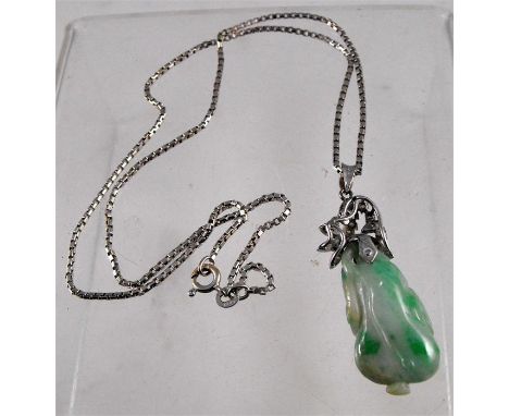 A Chinese 18ct white gold diamond set jade pendant and 18ct box link chain 