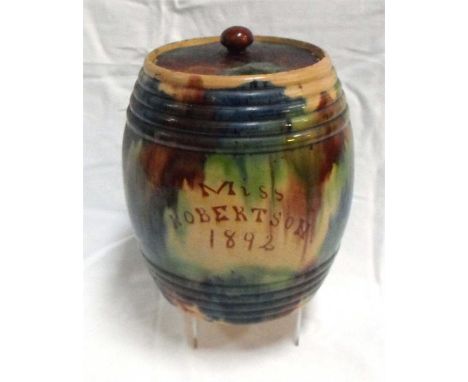 A Scottish Seaton pottery dab ware barrel "Miss Robertson 1892" 25cm high Condition Report &middot;&nbsp;&nbsp;&nbsp;&nbsp;&n