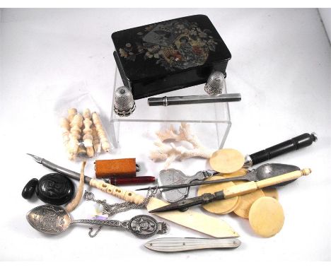 A bone handled Stanhope dip pen, a mother of pearl penknife, and other items 