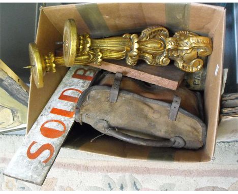 A Vintage enamel (sold by) sign, a pair of lignum vitae lawn bowls in a case, with carved wooden panel and other items (6) 