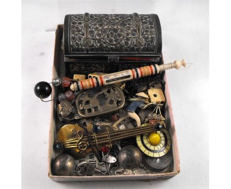 An Early 19thC turned bone lace bobbin a pair of Japanese Komai cufflinks, bone dice and other items 