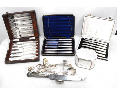 Set of six mother of pearl handled knives, boxed and other plated items