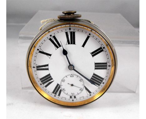 An oversized pocket watch, the white enamel dial having Roman numerals and subsidiary seconds in a "Argentan" plated case 6.5