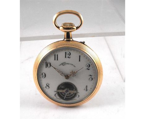 A 14ct gold open faced pocket watch, the enamel dial with Roman numerals and open front balance, the dial signed "Bonheur" 5c